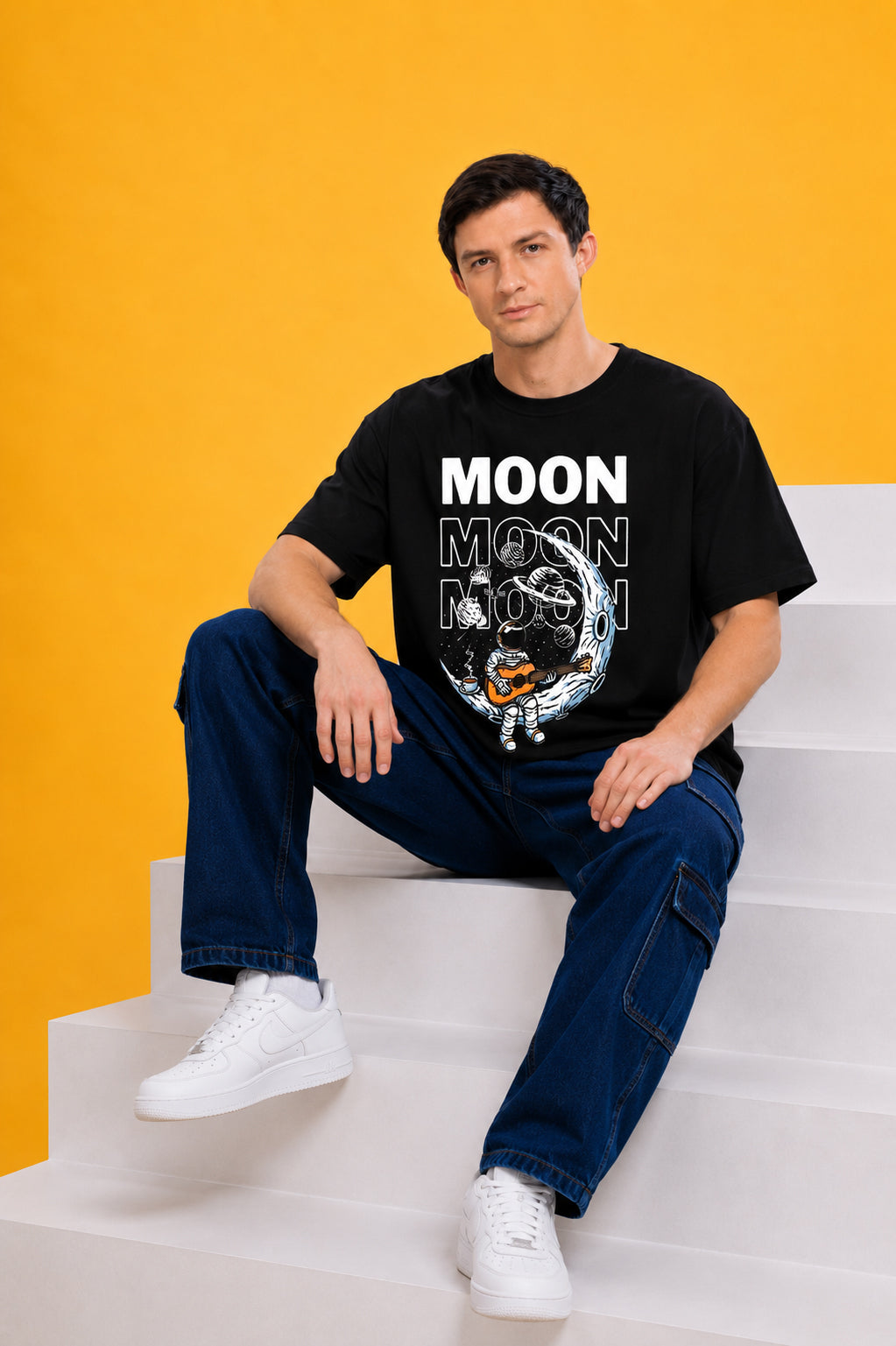 Faltu.co Moon 3 Men’s Printed Oversized Baggy Fit Rich Soft Cotton Fabric T-shirt