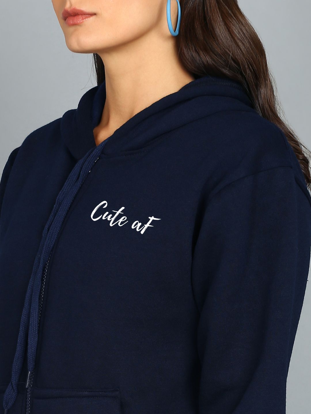 Cute Af Printed Women's Cotton Full Zipper Sweatshirt Hoodies with Kangaroo Pocket Winter Wear Hooded Neck Sweatshirt
