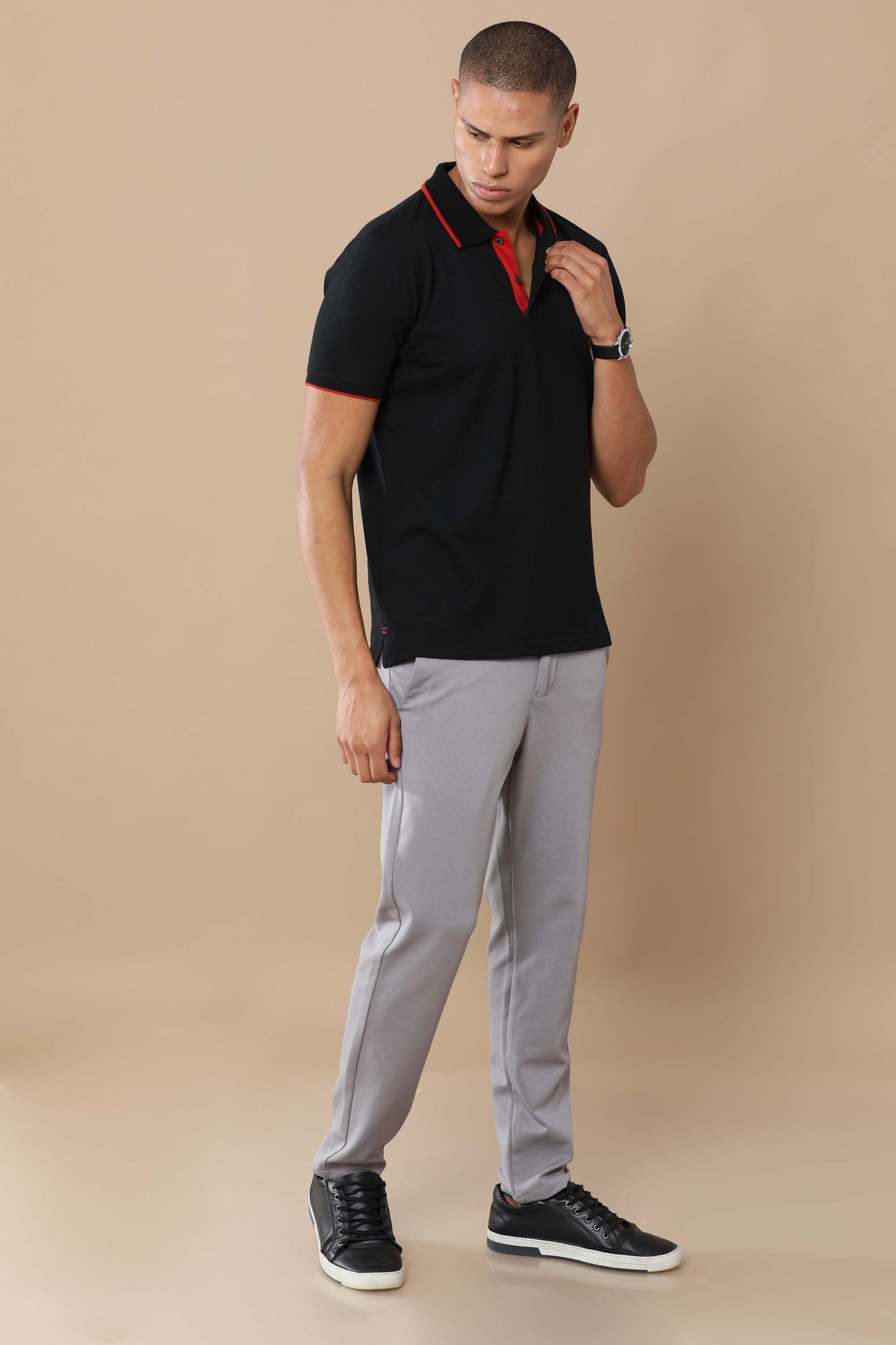 Men’s Sustainable Classic Black Polo T-Shirt with Red Tipping