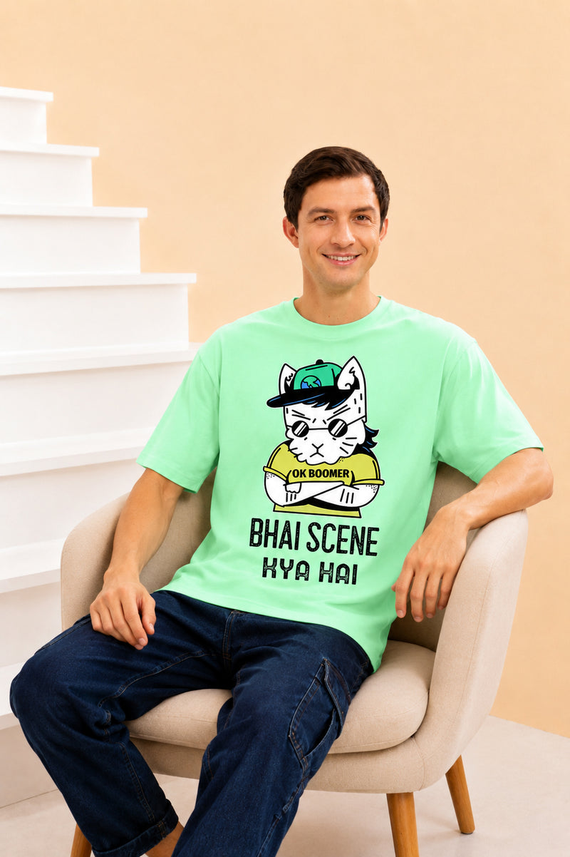 Faltu.co Bhai Scene Kya Hai Men’s Printed Oversized Baggy Fit Rich Soft Cotton Fabric T-shirt