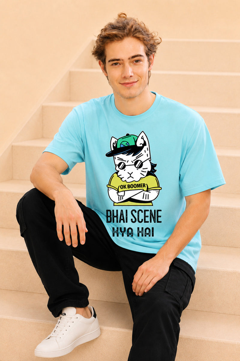 Faltu.co Bhai Scene Kya Hai Men’s Printed Oversized Baggy Fit Rich Soft Cotton Fabric T-shirt