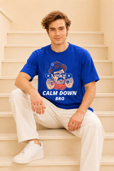 Faltu.co Calm Down Bro Men’s Printed Oversized Baggy Fit Rich Soft Cotton Fabric T-shirt