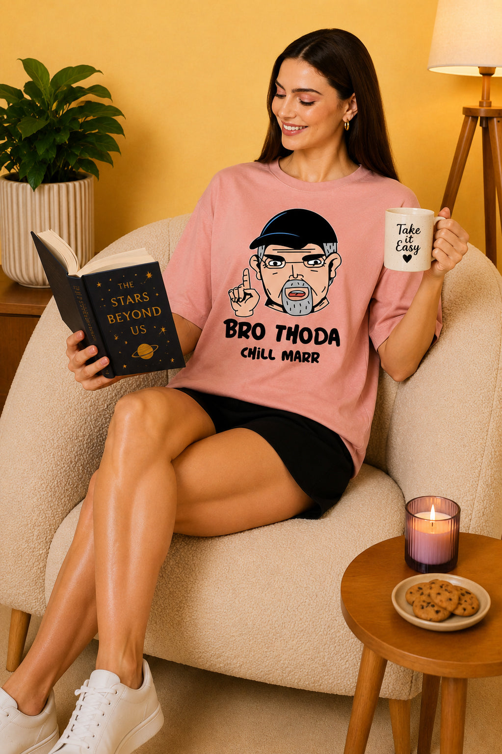 Bro Thoda Chill Kar Printed Oversized Baggy Loose Fit T-Shirt