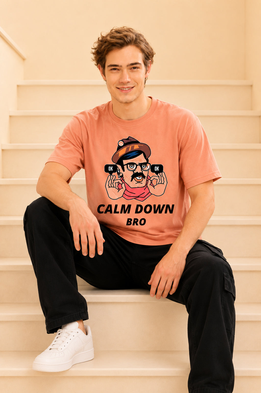 Faltu.co Calm Down Bro Men’s Printed Oversized Baggy Fit Rich Soft Cotton Fabric T-shirt