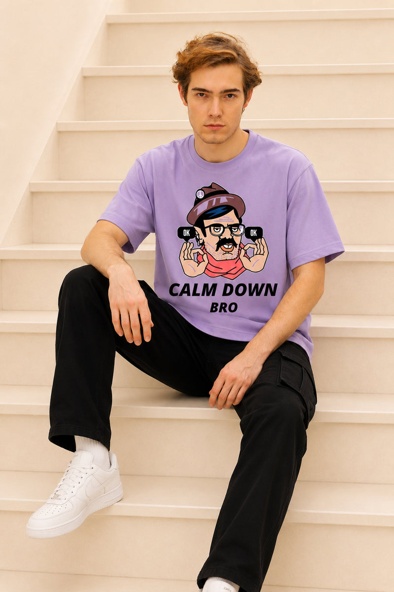 Faltu.co Calm Down Bro Men’s Printed Oversized Baggy Fit Rich Soft Cotton Fabric T-shirt