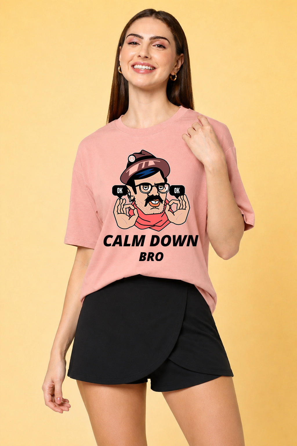 Calm Down Bro Printed Oversized Baggy Loose Fit T-Shirt