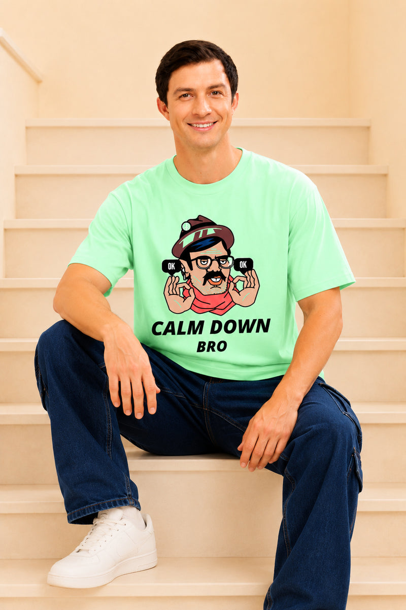 Faltu.co Calm Down Bro Men’s Printed Oversized Baggy Fit Rich Soft Cotton Fabric T-shirt