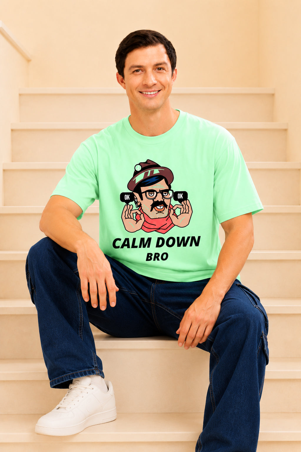 Faltu.co Calm Down Bro Men’s Printed Oversized Baggy Fit Rich Soft Cotton Fabric T-shirt
