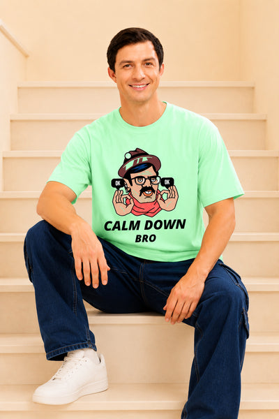 Faltu.co Calm Down Bro Men’s Printed Oversized Baggy Fit Rich Soft Cotton Fabric T-shirt