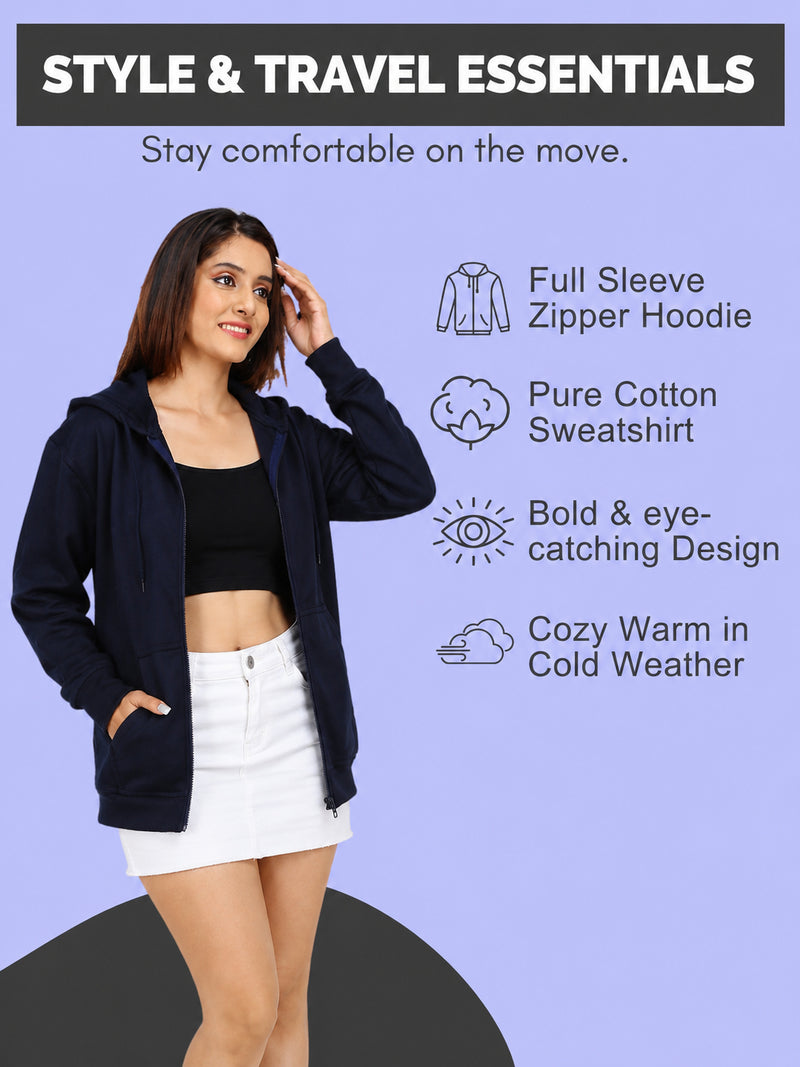Women’s Navy Blue Zipper Hooded Hoodie Stylish & Premium Comfort