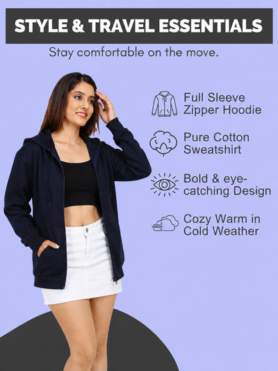 Women’s Navy Blue Zipper Hooded Hoodie Stylish & Premium Comfort