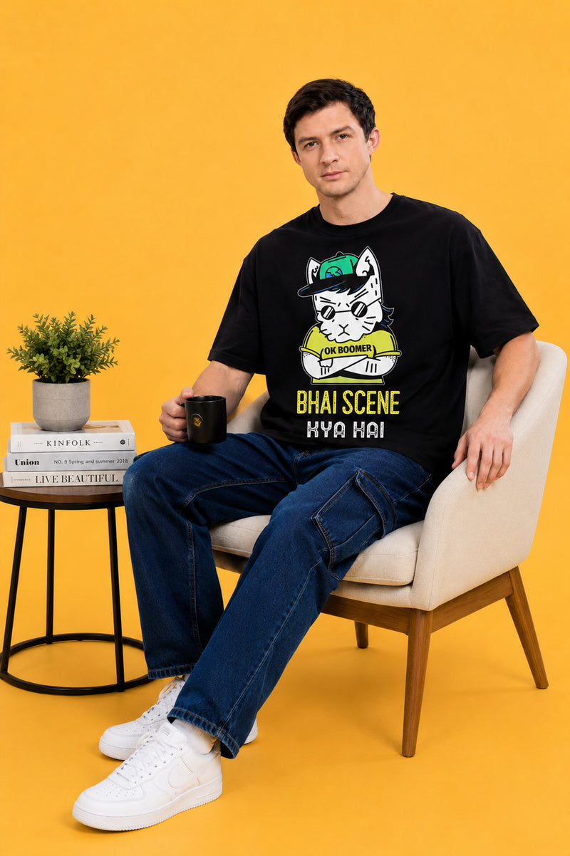 Faltu.co Bhai Scene Kya Hai Men’s Printed Oversized Baggy Fit Rich Soft Cotton Fabric T-shirt