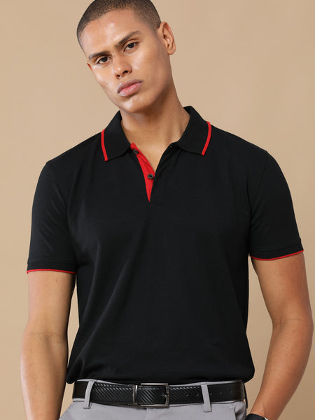 Men’s Sustainable Classic Black Polo T-Shirt with Red Tipping