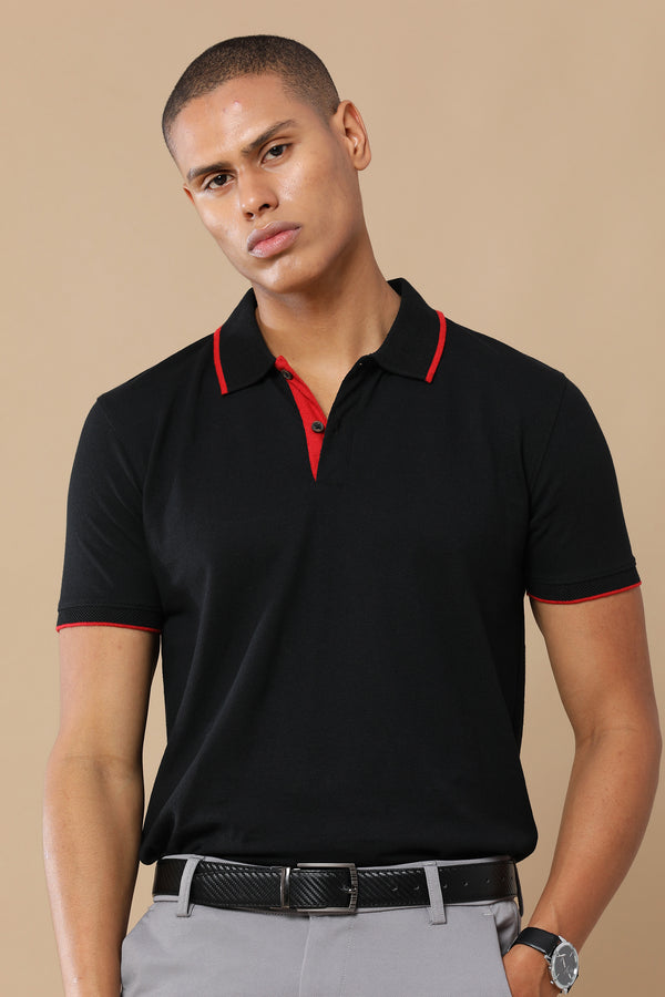 Men’s Sustainable Classic Black Polo T-Shirt with Red Tipping