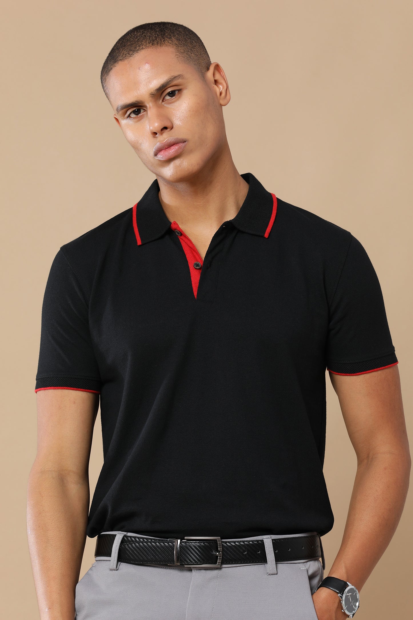 Men’s Sustainable Classic Black Polo T-Shirt with Red Tipping
