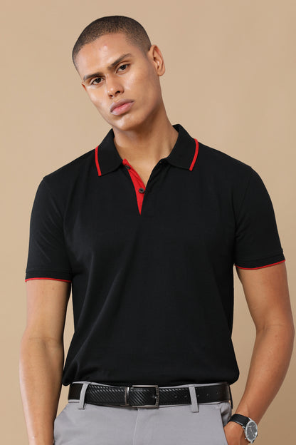 Men’s Sustainable Classic Black Polo T-Shirt with Red Tipping