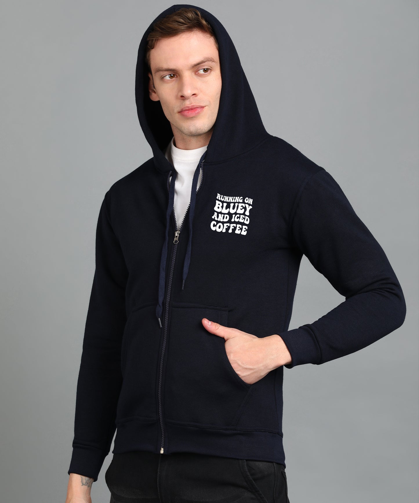 Running on Bluey and Iced Coffee Men’s Zipper Hoodie | Stylish & Cozy
