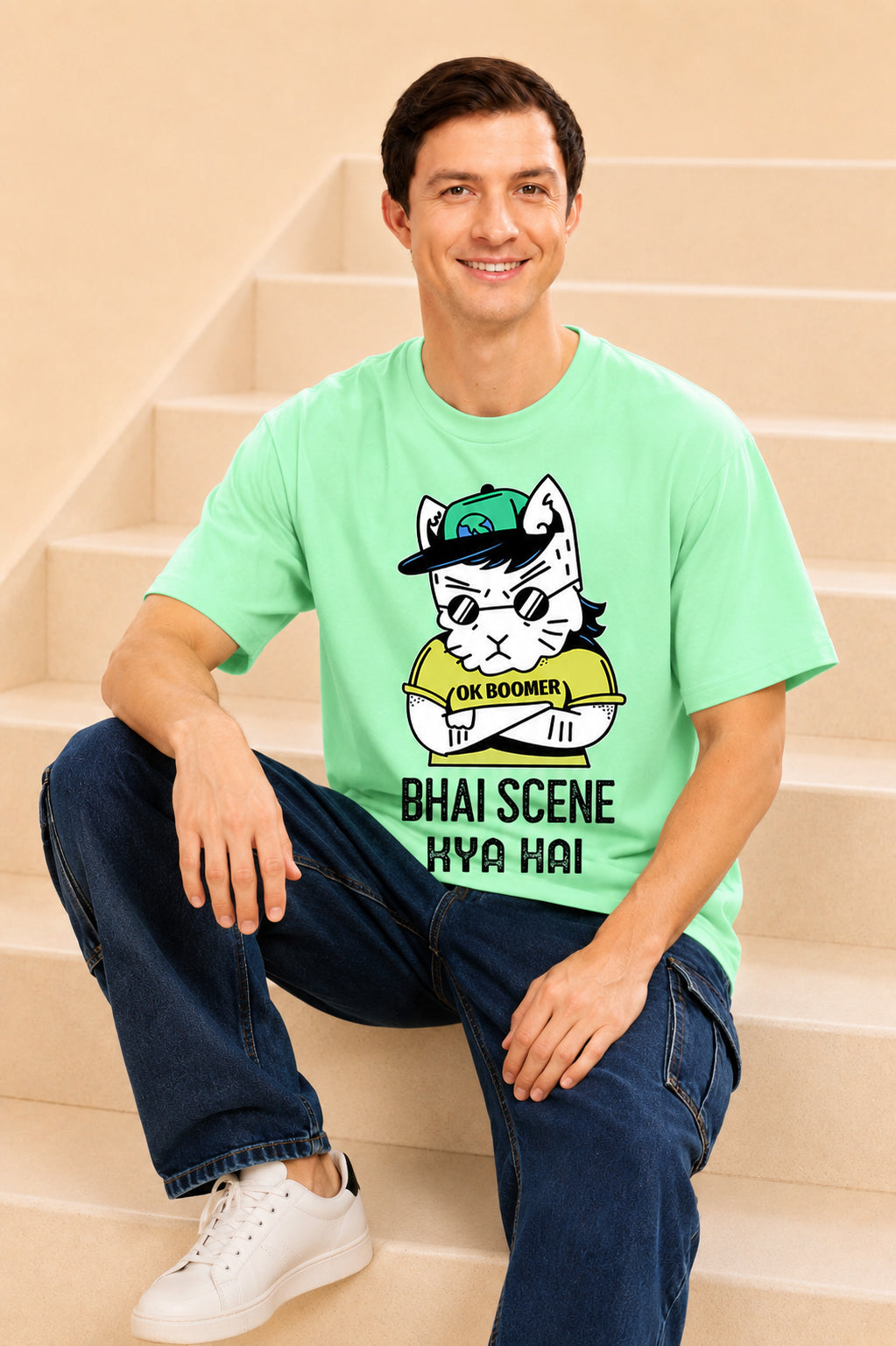 Faltu.co Bhai Scene Kya Hai Men’s Printed Oversized Baggy Fit Rich Soft Cotton Fabric T-shirt