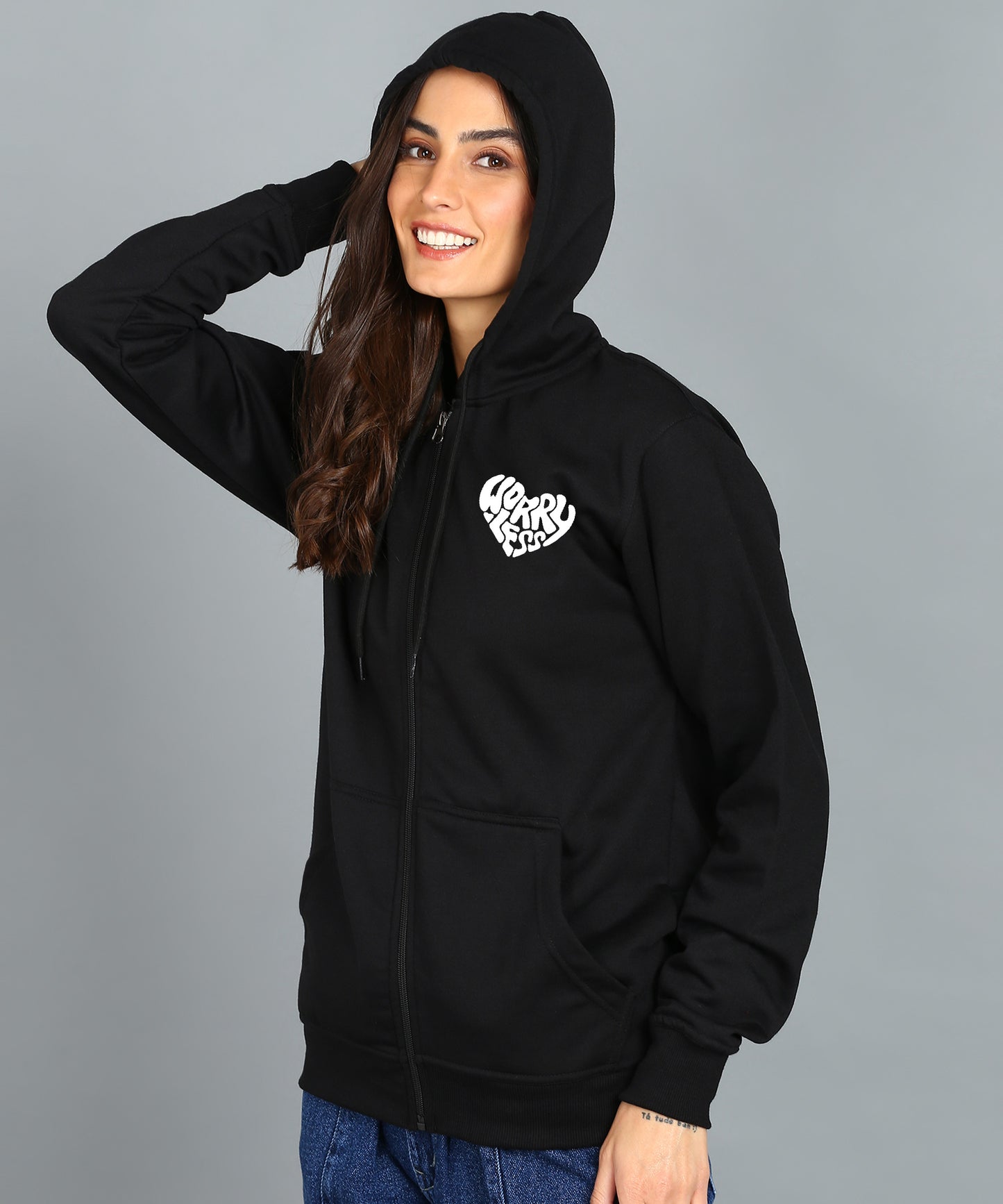 Worry Less Printed Zipper Hooded Hoodie for Women