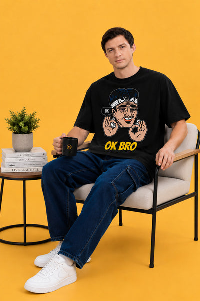 Faltu.co Ok Bro Men’s Printed Oversized Baggy Fit Rich Soft Cotton Fabric T-shirt
