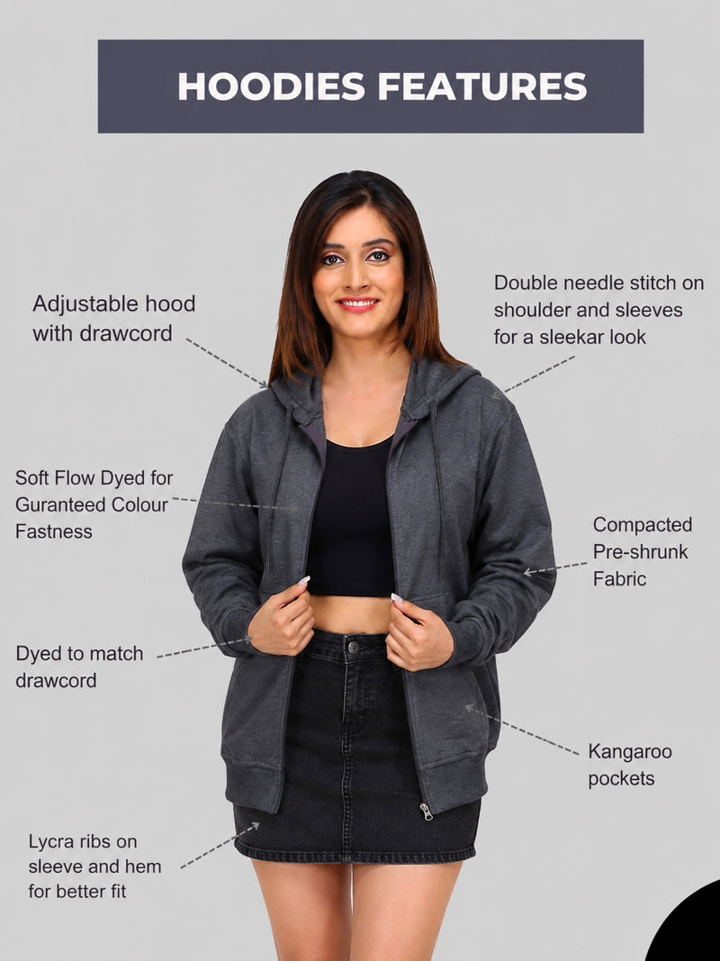 Women’s Charcoal Grey Zipper Hooded Hoodie Stylish & Premium Comfort