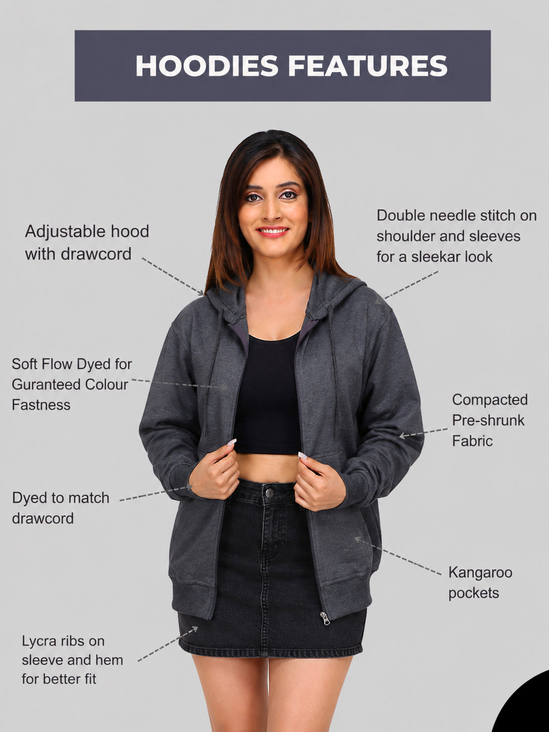 Women’s Charcoal Grey Zipper Hooded Hoodie Stylish & Premium Comfort