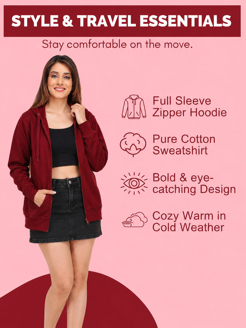 Women’s Maroon Zipper Hooded Hoodie Stylish & Premium Comfort