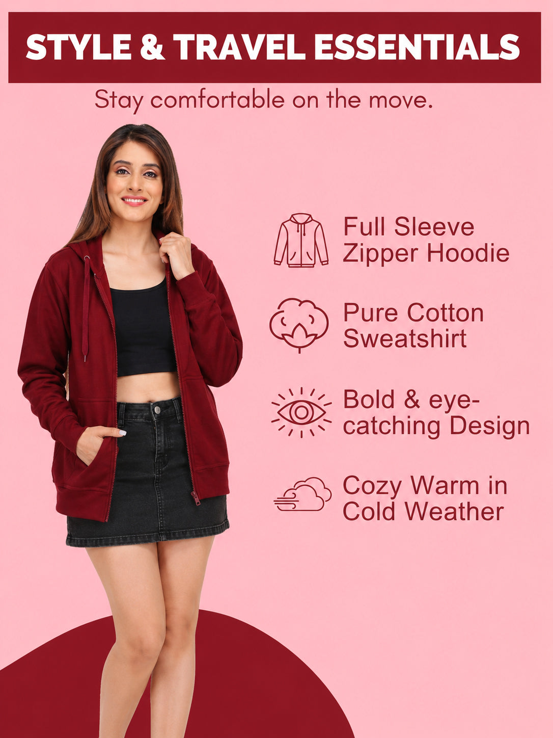 Women’s Maroon Zipper Hooded Hoodie Stylish & Premium Comfort