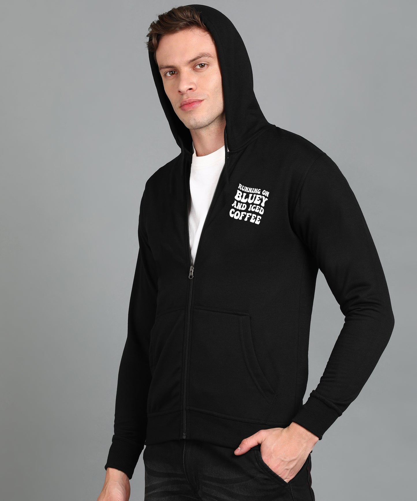 Running on Bluey and Iced Coffee Men’s Zipper Hoodie | Stylish & Cozy