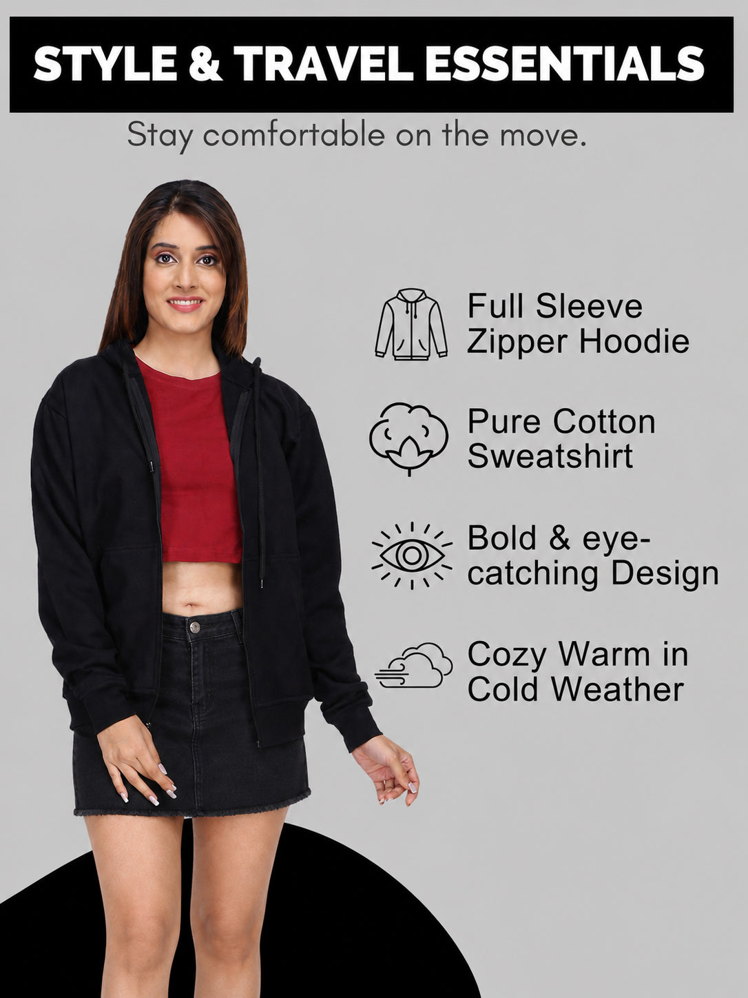 Women’s Black Zipper Hooded Hoodie Stylish & Premium Comfort