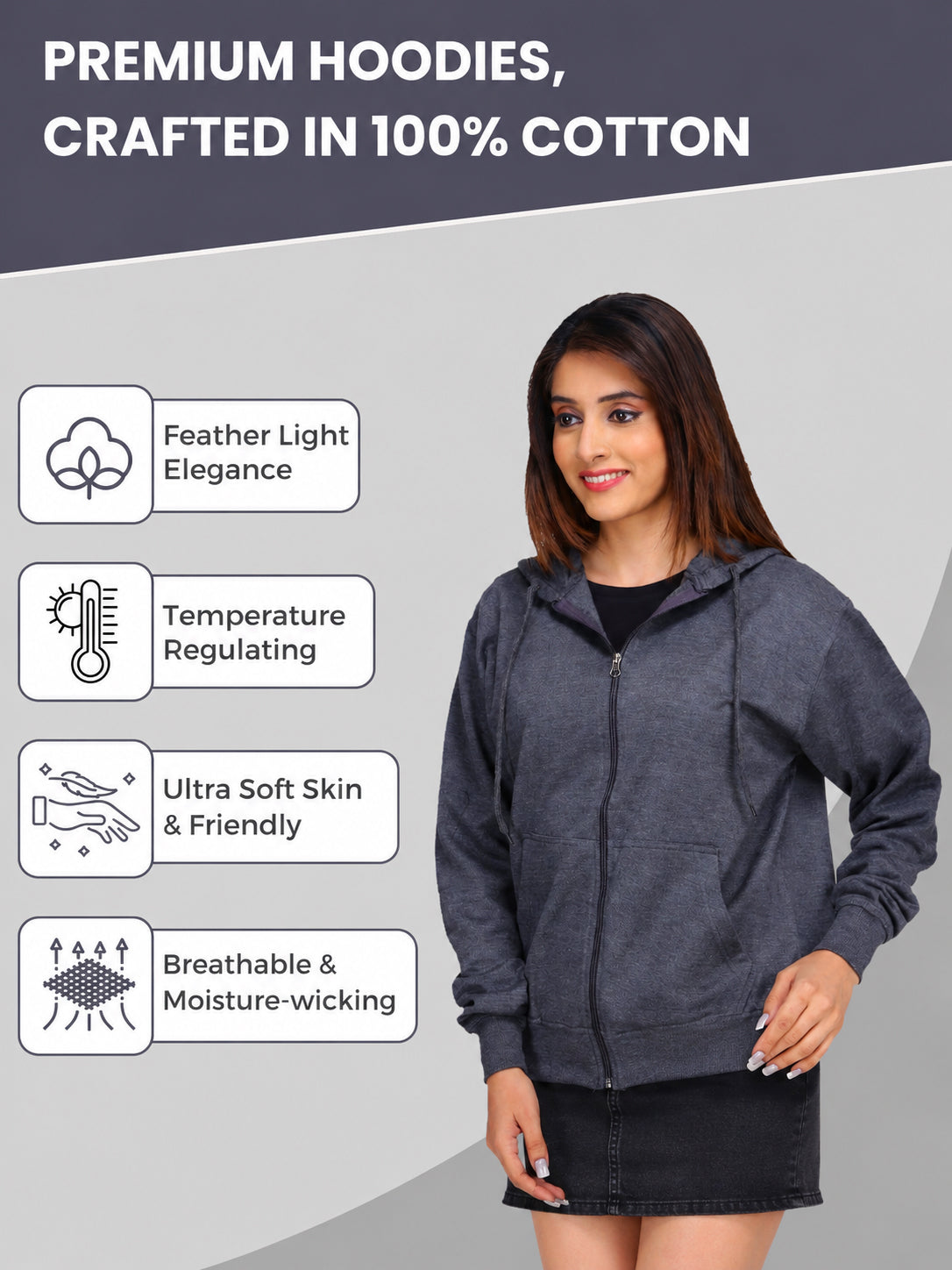Women’s Charcoal Grey Zipper Hooded Hoodie Stylish & Premium Comfort