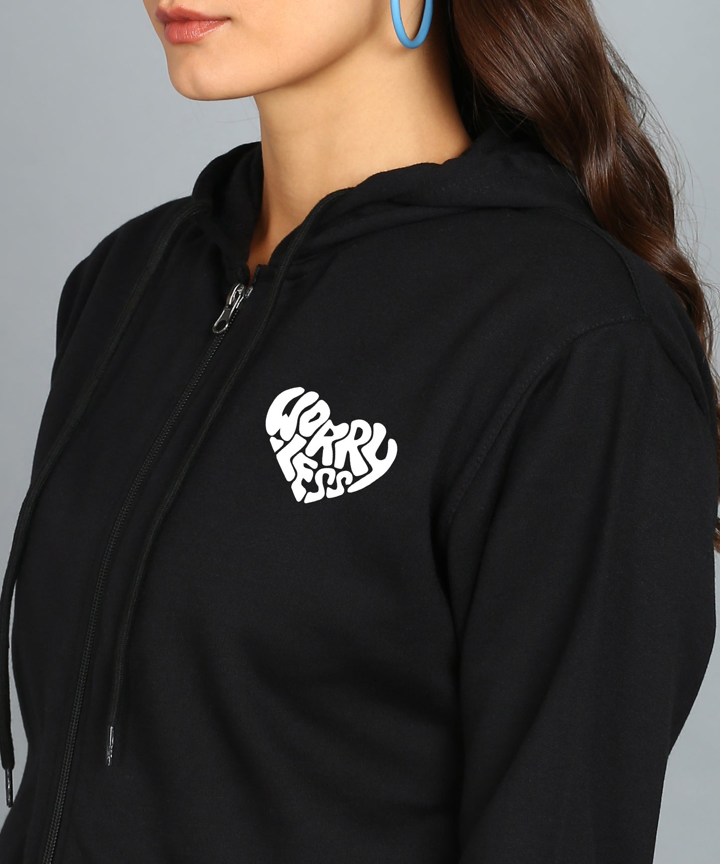 Worry Less Printed Zipper Hooded Hoodie for Women