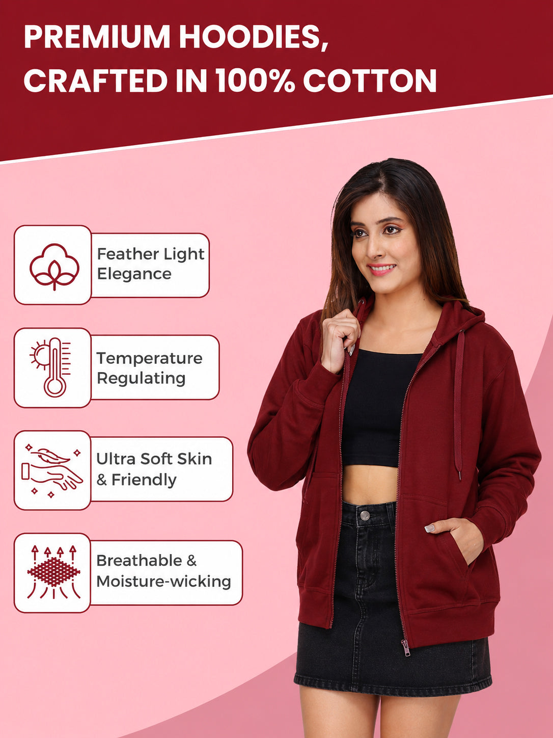 Women’s Maroon Zipper Hooded Hoodie Stylish & Premium Comfort