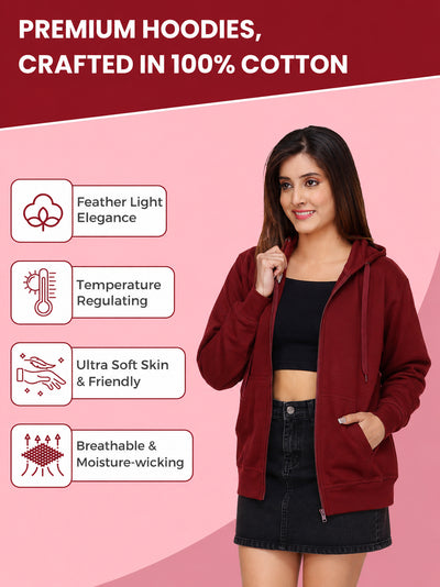 Women’s Maroon Zipper Hooded Hoodie Stylish & Premium Comfort