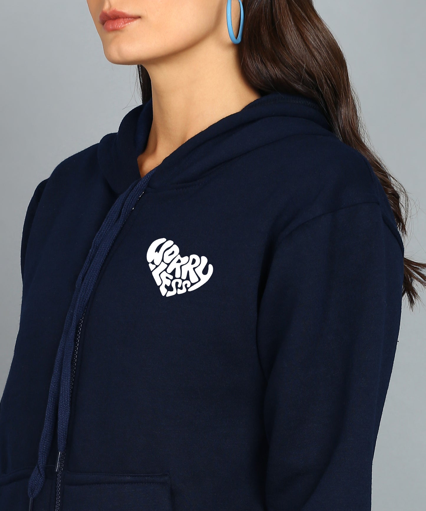 Worry Less Printed Zipper Hooded Hoodie for Women