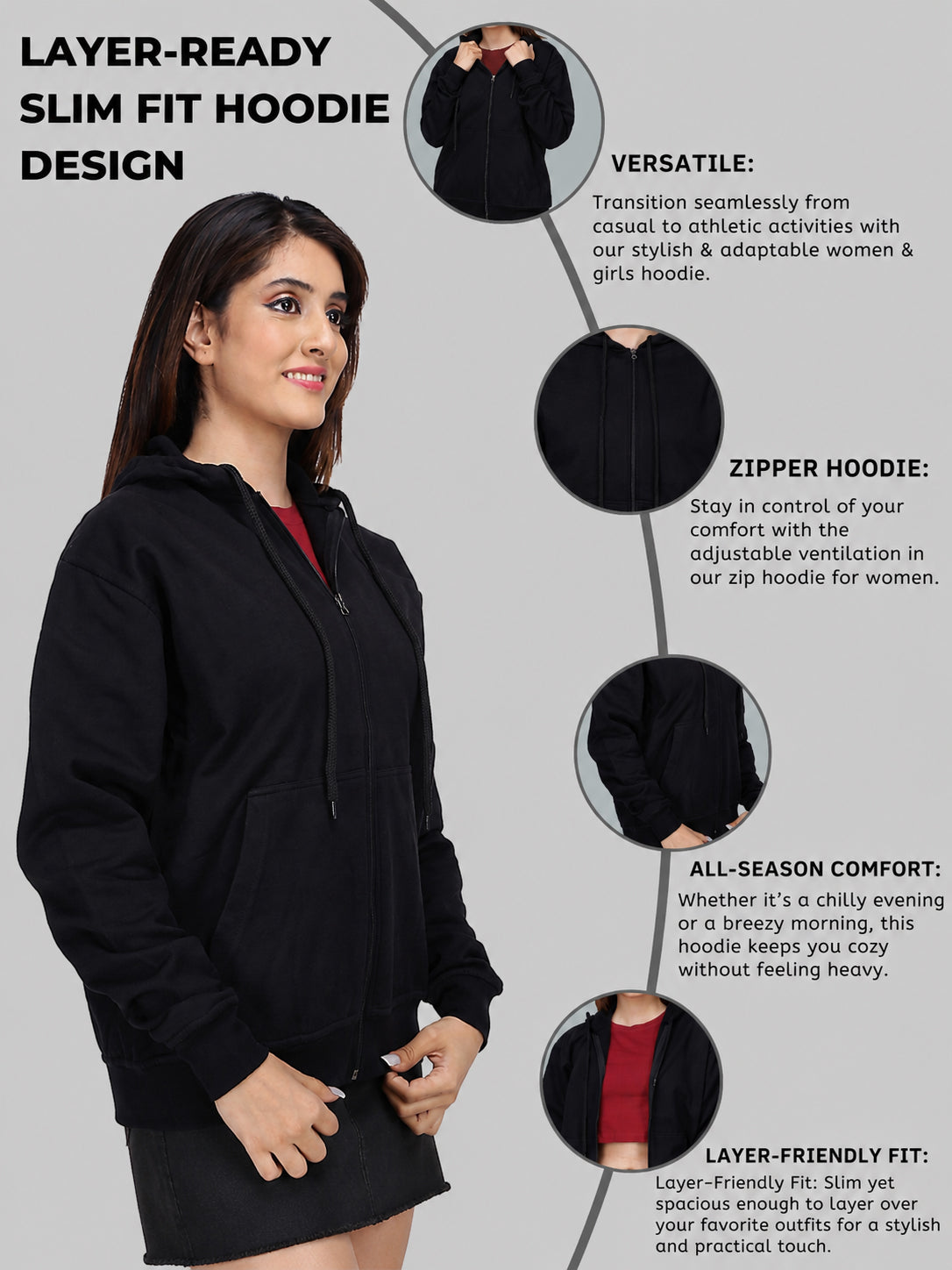 Women’s Black Zipper Hooded Hoodie Stylish & Premium Comfort
