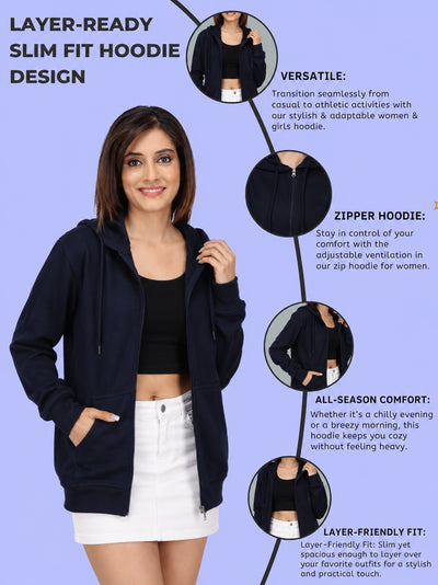 Women’s Navy Blue Zipper Hooded Hoodie Stylish & Premium Comfort