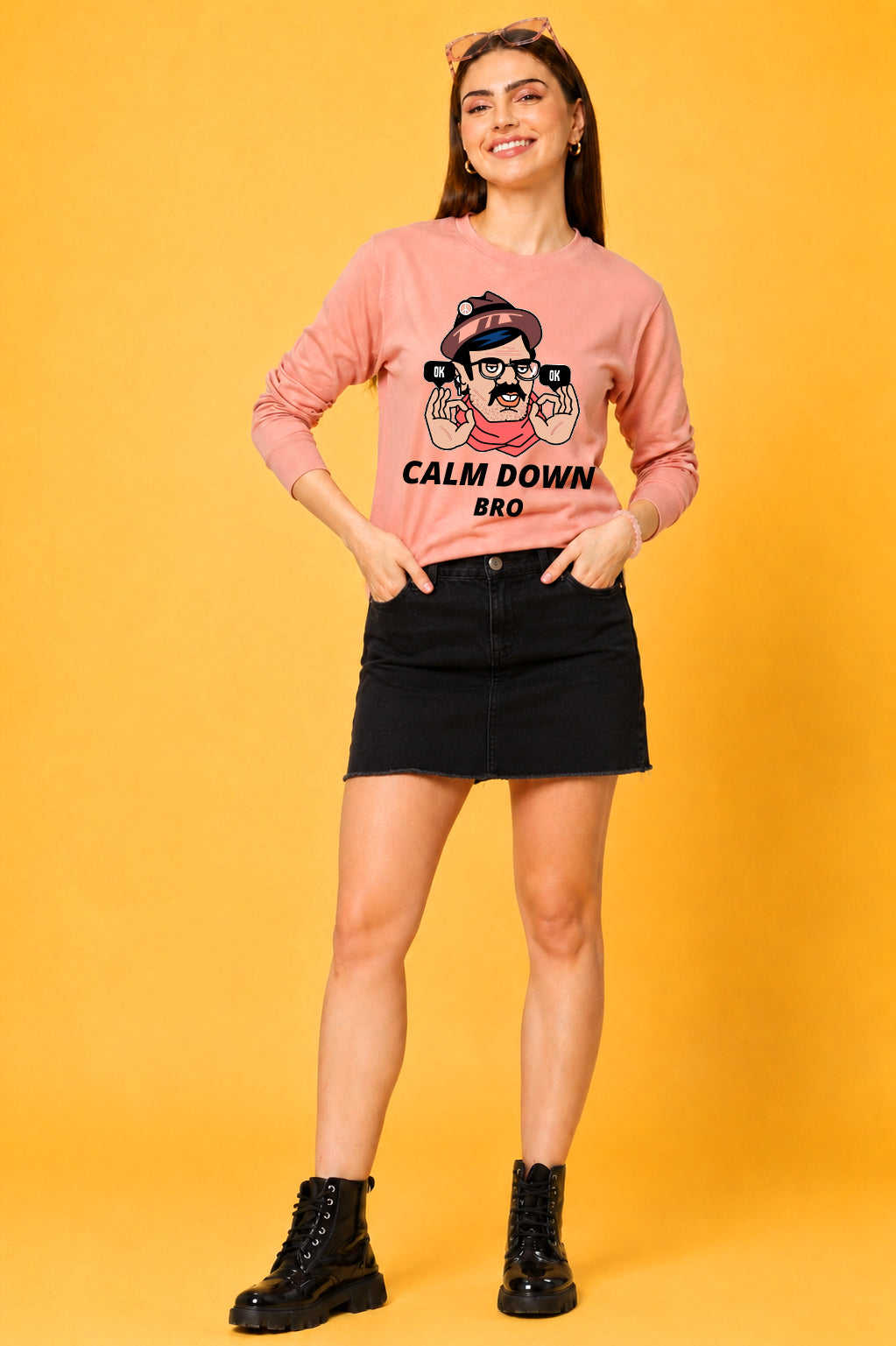Calm Down Bro Printed Women’s Cozy & Stylish Full Sleeve Pastel Colour Sweatshirt
