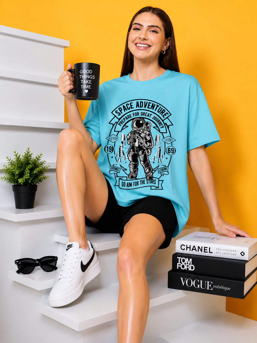 Space Adventure Printed Oversized Baggy Loose Fit T-Shirt