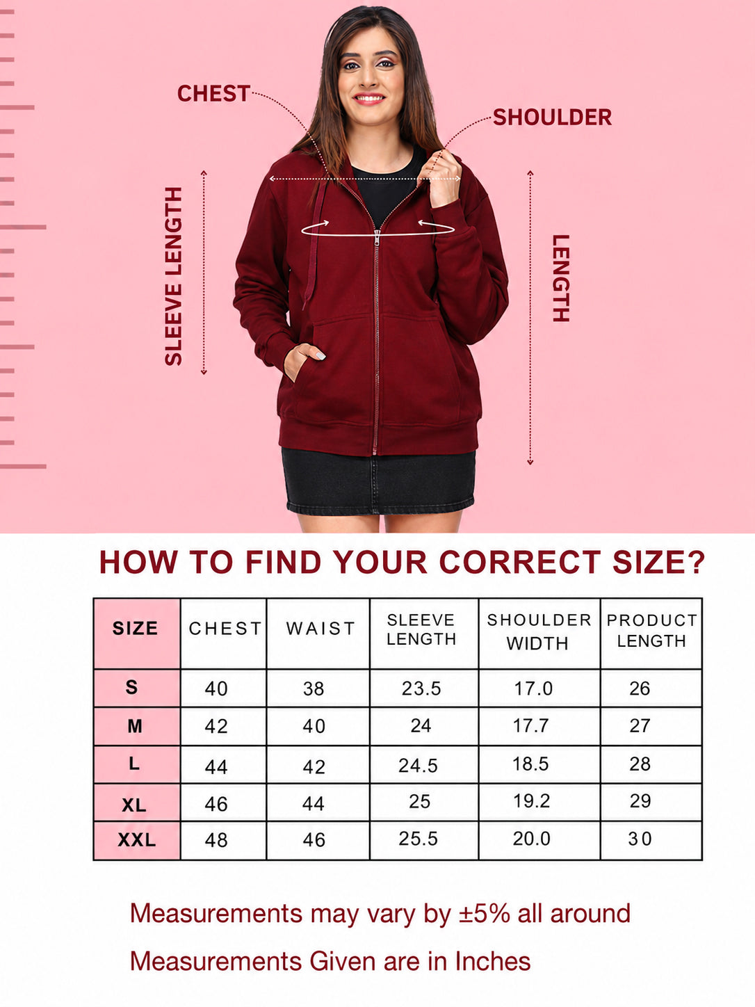 Women’s Maroon Zipper Hooded Hoodie Stylish & Premium Comfort