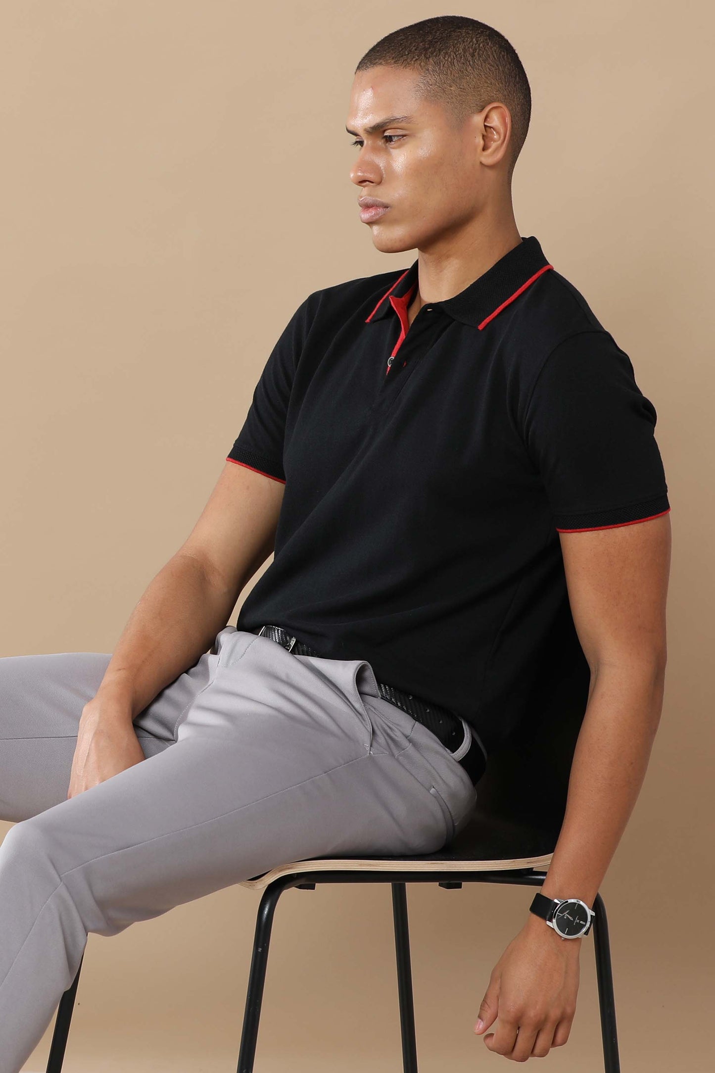 Men’s Sustainable Classic Black Polo T-Shirt with Red Tipping