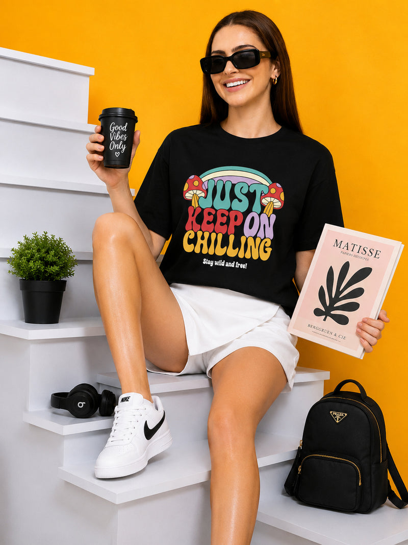 Just Keep On Chilling Printed Oversized Baggy Loose Fit T-Shirt