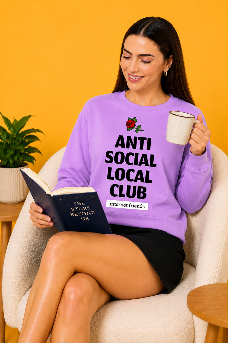 Anti Social Local Club Printed Women’s Cozy & Stylish Full Sleeve Pastel Colour Sweatshirt