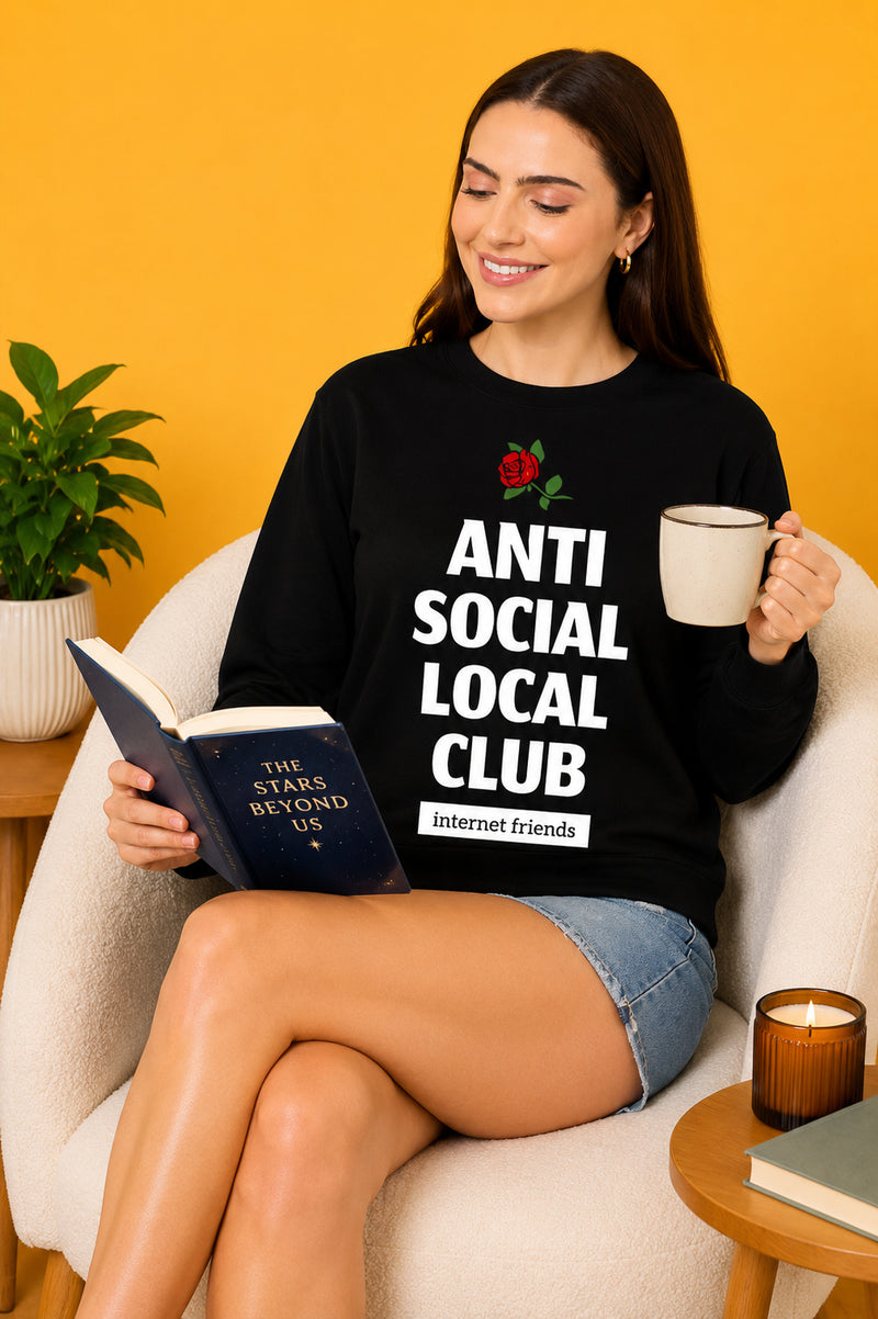 Anti Social Local Club Printed Women’s Cozy & Stylish Full Sleeve Pastel Colour Sweatshirt