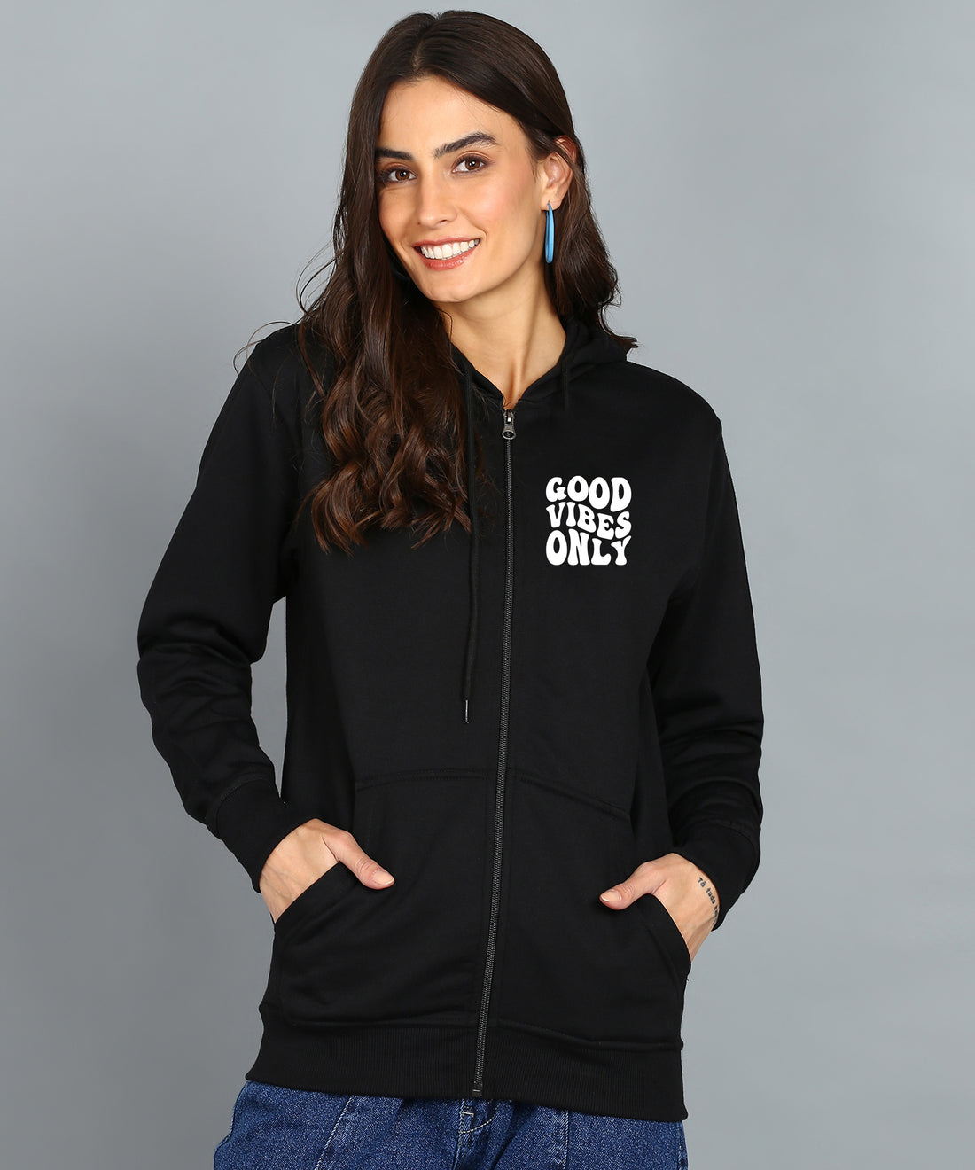 Back Printed Women's Cotton Full Zipper Sweatshirt Hoodies with Kangaroo Pocket Winter Wear Hooded Neck Sweatshirt