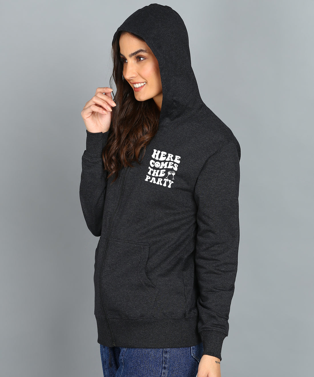 Back Printed Women's Cotton Full Zipper Sweatshirt Hoodies with Kangaroo Pocket Winter Wear Hooded Neck Sweatshirt