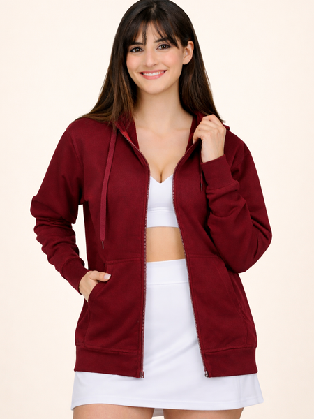 Women’s Maroon Plain Zipper Hooded Hoodie Stylish & Comfortable