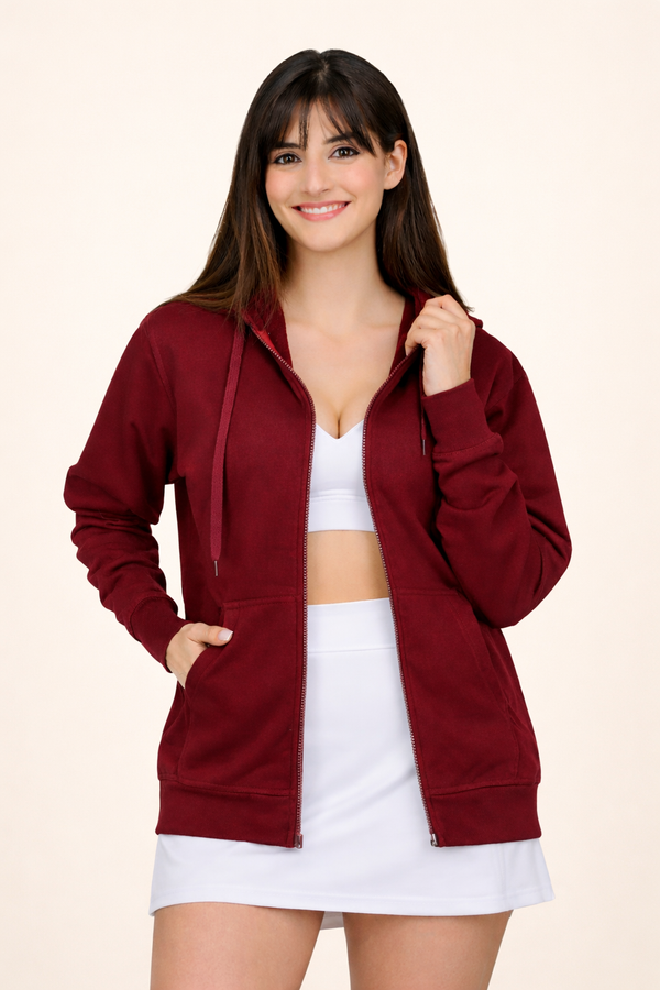 Women’s Maroon Plain Zipper Hooded Hoodie Stylish & Comfortable