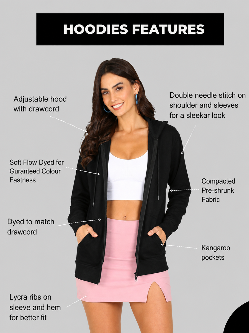 Women’s Black Solid Zipper Hooded Hoodie Stylish & Comfortable