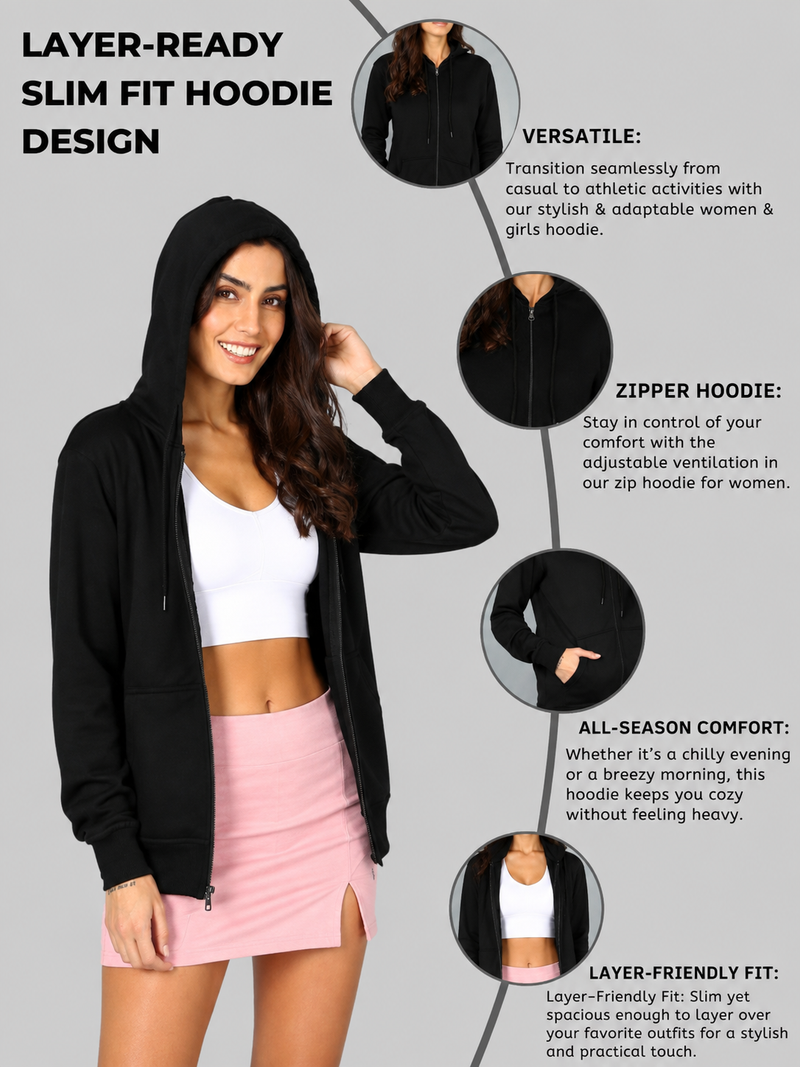 Women’s Black Solid Zipper Hooded Hoodie Stylish & Comfortable